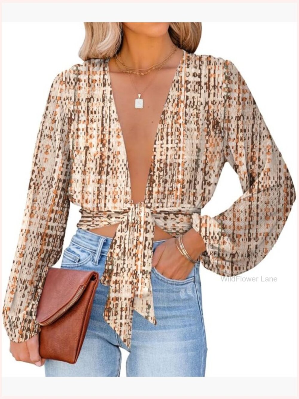 Deep V Neck Long Sleeve Tie Front Knot Sexy Wrap Crop Top Blouse